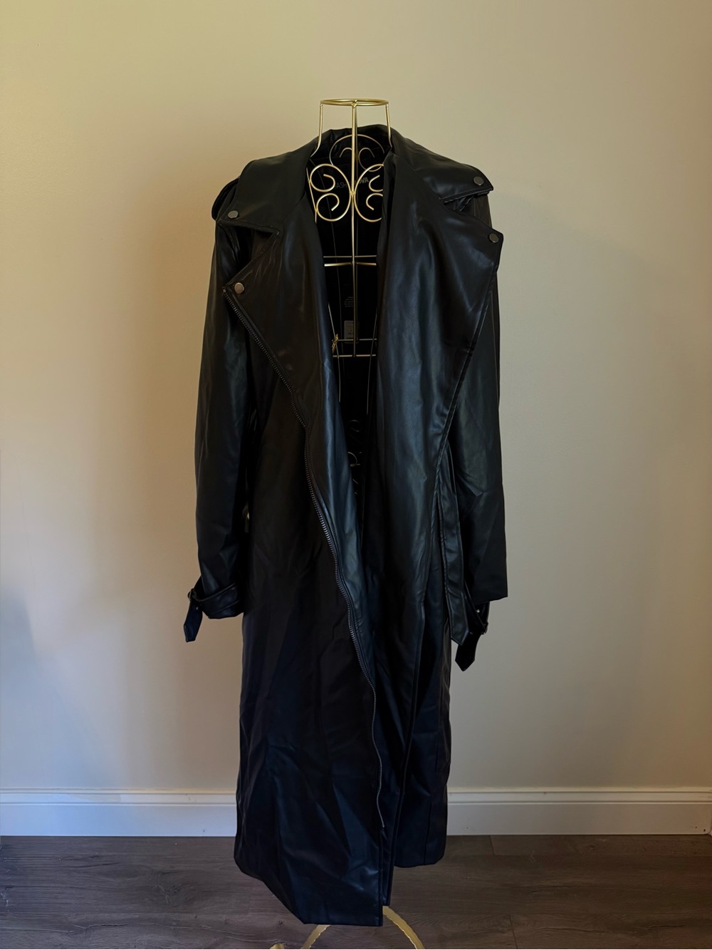 Fashion Nova Black Long Faux Leather Trench Coat